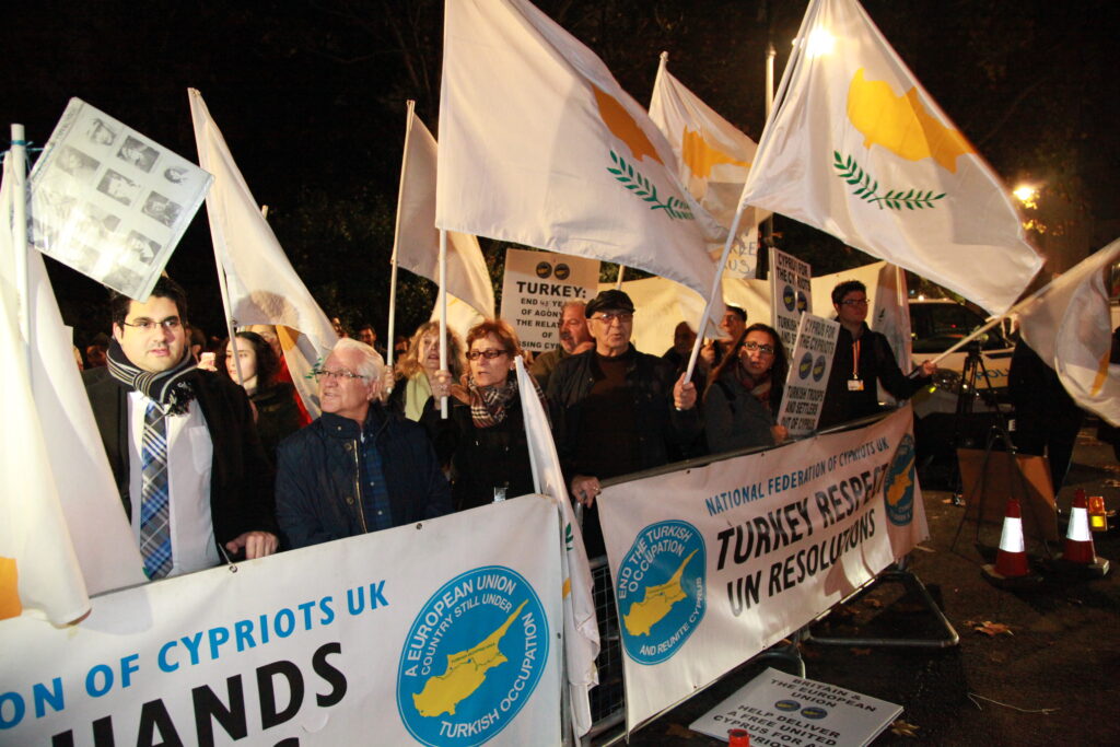 UK Cypriots call for a free, united Cyprus outside the Turkish Embassy in London