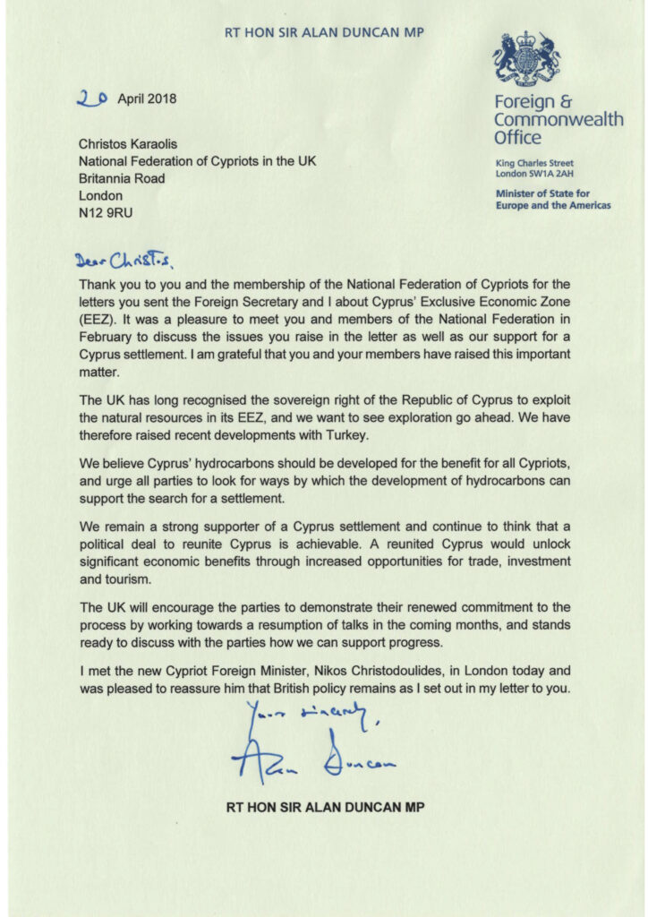 Cyprus EEZ: Letter from Minister for Europe to Federation