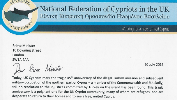Federation sends a letter to the Prime Minister on the tragic 45th anniversary of the Turkish invasion of Cyprus