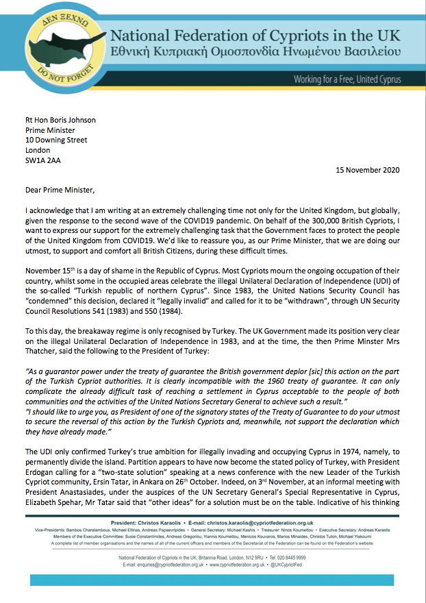 UK Cypriot Federation condemns UDI in letters to PM Johnson and Turkish Ambassador