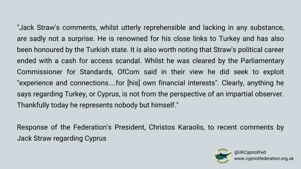 Response of the Federation's President to recent comments by Jack Straw re. Cyprus